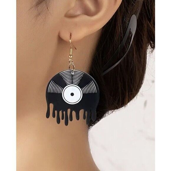 Fashion Vinyl Record Drop Earrings Gold Tone Y2K - Picture 3 of 3